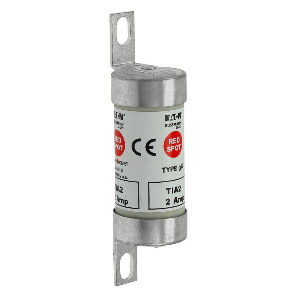 Eine Zylindersicherung mit Metallendkappen, beschriftet mit '2 Amp' und 'Typ G' von Eaton, mit CE-Zertifizierung und 'Red Spot' Markenzeichen.