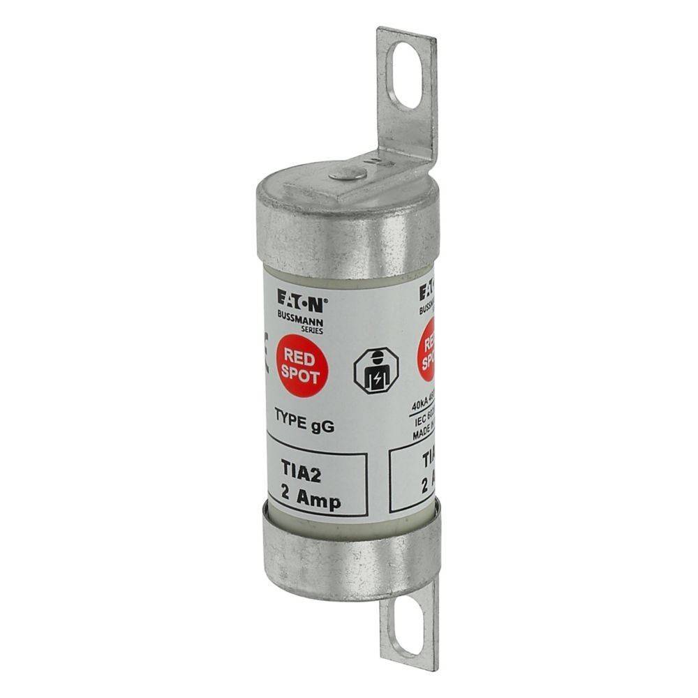Eine zylindrische Sicherung mit der Aufschrift 'Eaton Bussmann, Red Spot, Typ gG, TIA2, 2 Ampere' mit Metallkappen an beiden Enden und Befestigungshalterungen.