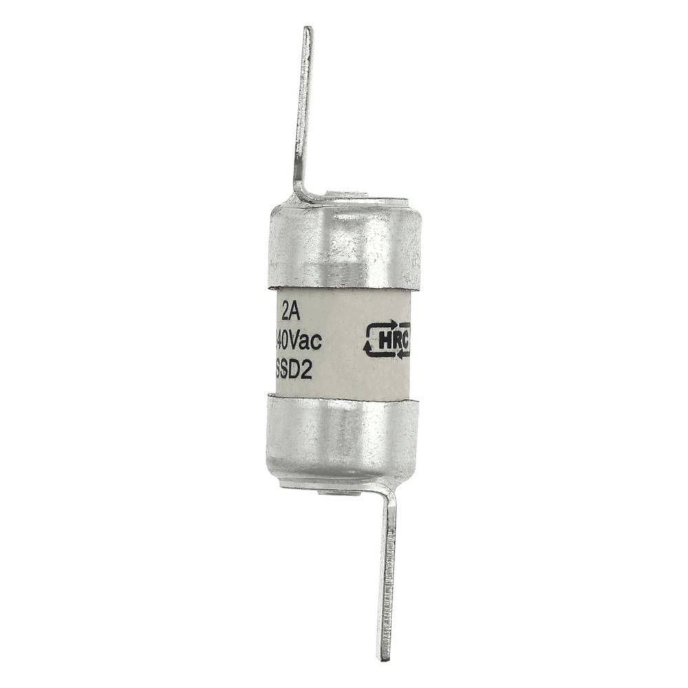 Eine Zylindersicherung nach HRC-Bauart mit der Bezeichnung 2A 400Vac SD2 und Metallanschlüssen an beiden Enden, die zum Schutz elektrischer Stromkreise verwendet wird.