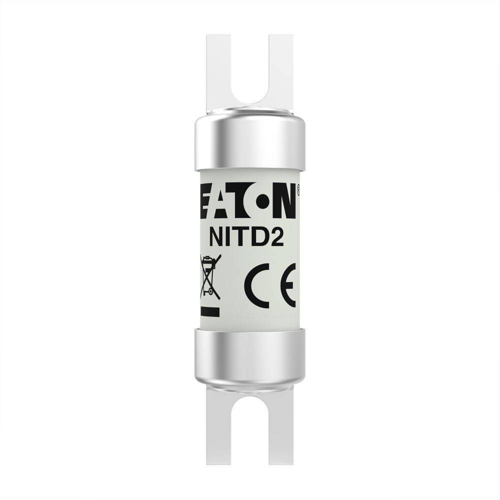 EATON NITD2' Sicherung mit Metallverbindern an beiden Enden, versehen mit elektrischen Sicherheitszertifizierungszeichen.