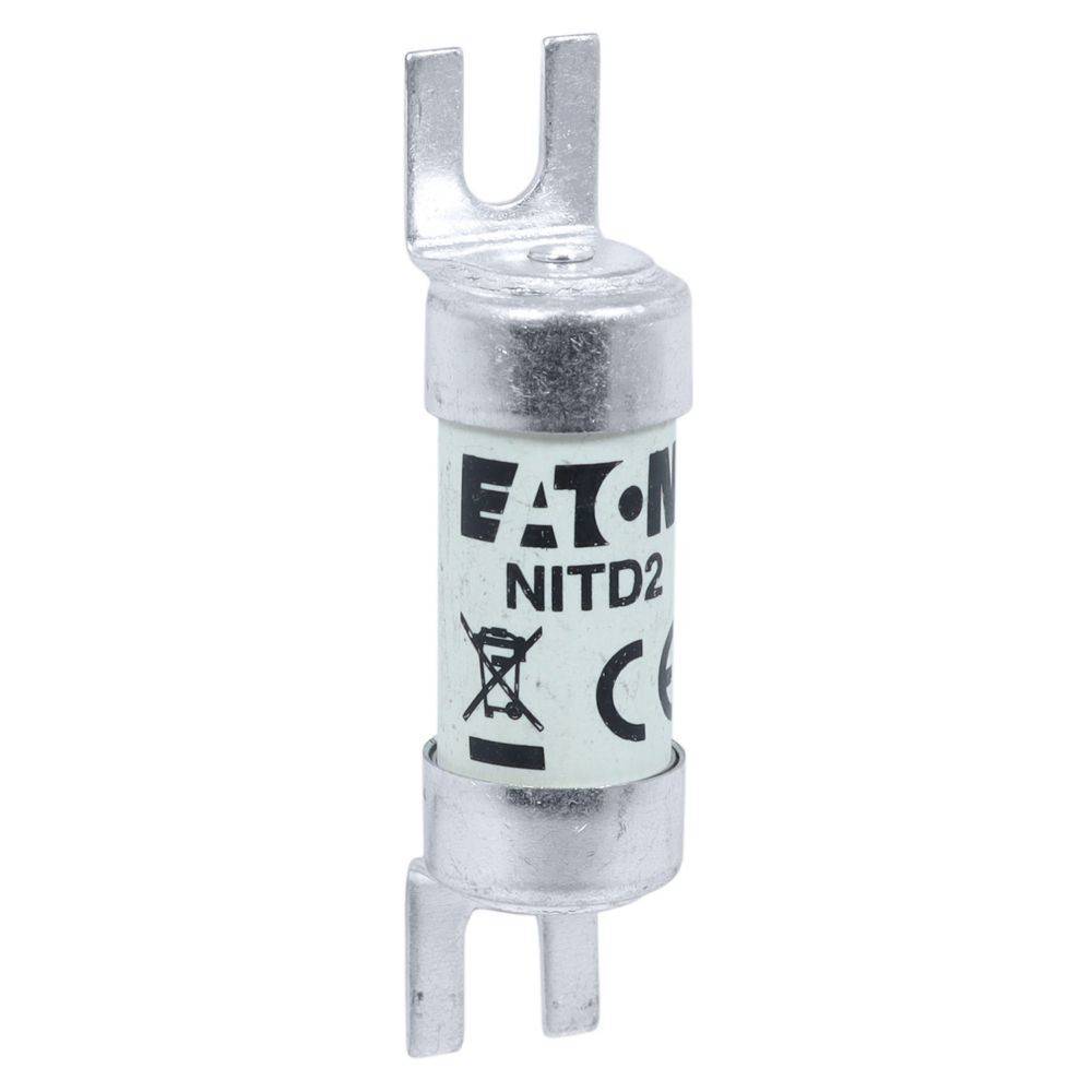 Eine Zylindersicherung mit der Bezeichnung Eaton NITD2 mit Metallkontakten und Zertifizierungszeichen, die für den elektrischen Leitungsschutz entwickelt wurde.