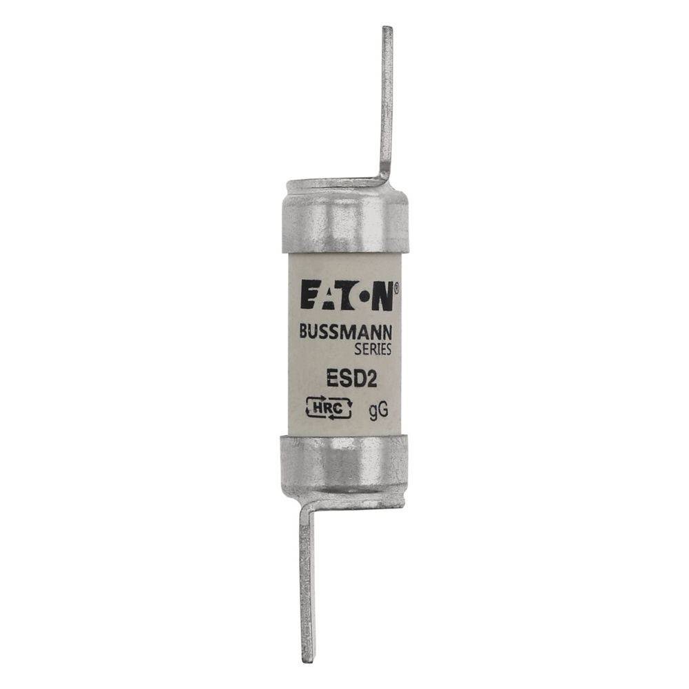 Eine zylindrische Eaton Bussmann Sicherung der Serie mit der Bezeichnung 'ESD2' und 'gG', mit Metallkappen an beiden Enden, entwickelt für den elektrischen Stromkreisschutz.