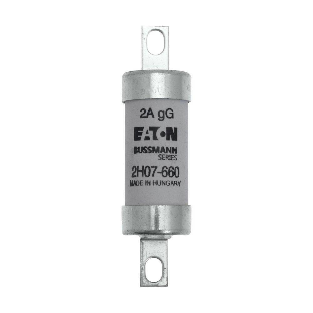 2A gG' Sicherung, 'EATON Bussmann Serie', Modell '2H07-660', gekennzeichnet mit 'Made in Hungary'. Metallische zylindrische Komponente mit zwei Anschlüssen.