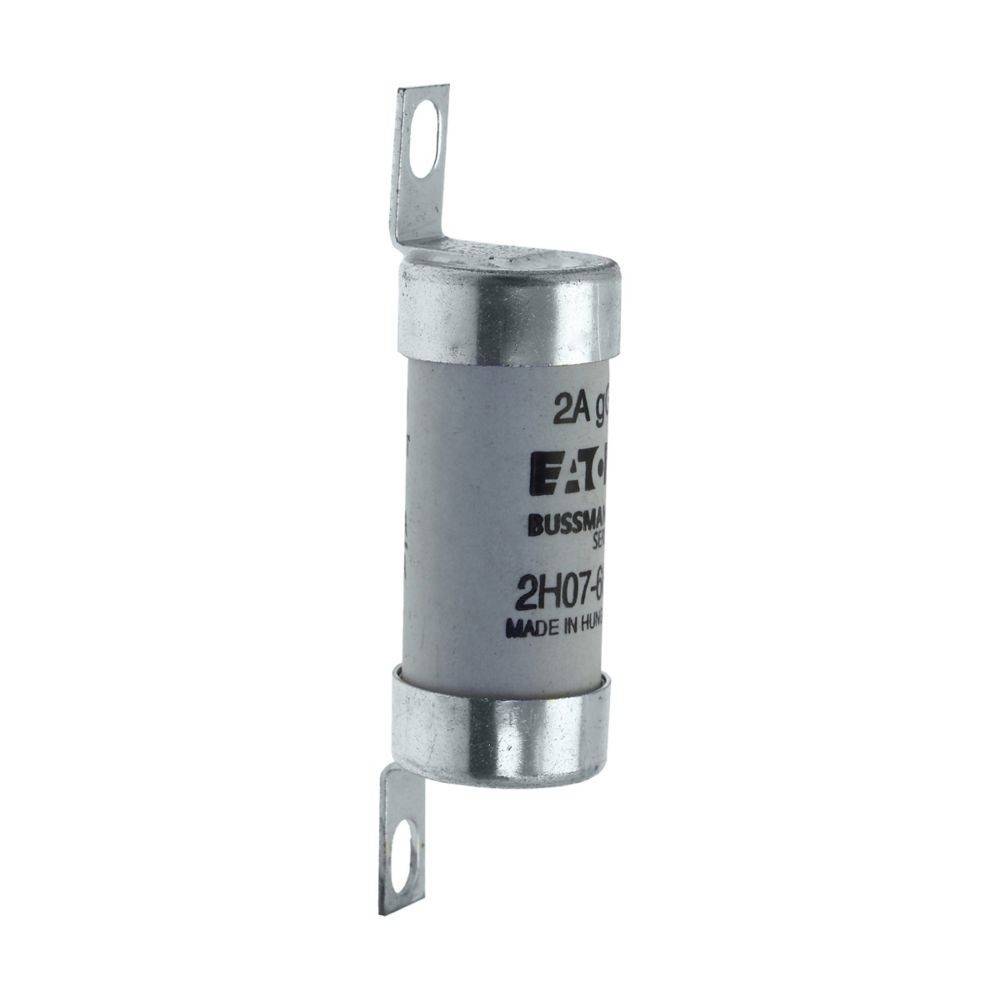 Eine zylindrische 2A-Sicherungspatrone mit Metallendkappen, gekennzeichnet als 'Eaton Bussmann Serie 2H07-995', die für den elektrischen Leitungsschutz ausgelegt ist.