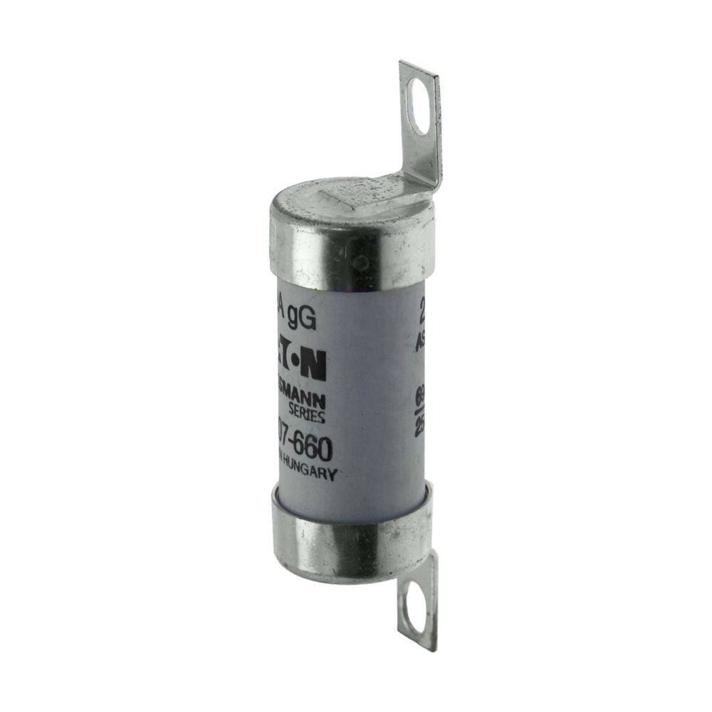 Eine zylindrische elektrische Sicherung mit metallischen Endkappen und Befestigungsbügeln ist mit 'Eaton Bussmann Series 4-660' gekennzeichnet.