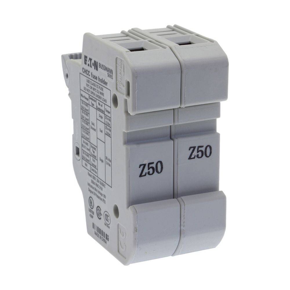 Eine Nahaufnahme eines grauen Eaton-Sicherungshalters mit der Markierung 'Z50', versehen mit technischen Spezifikationen und Markendetails an seiner Seite.