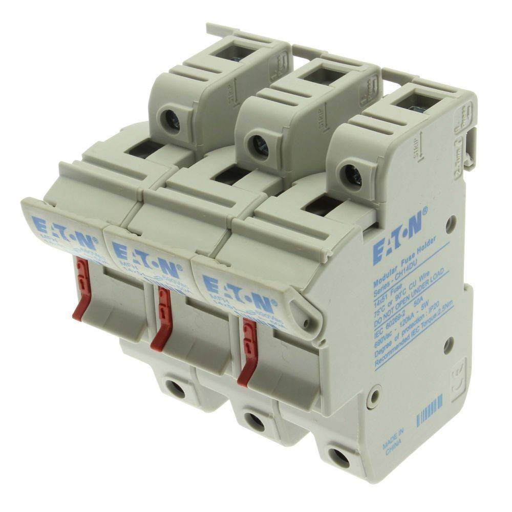 Ein grauer Eaton-Leistungsschalter mit drei Schaltern, die jeweils einen roten Umschalter haben, entwickelt für elektrische Sicherheit und Schutz der Stromkreise.