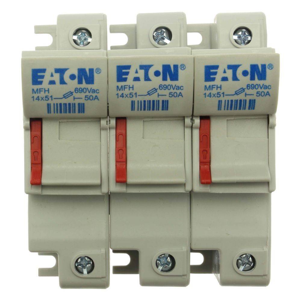 Drei EATON Marken-Sicherungshalter, Modell MFH, ausgelegt für 690 V Wechselspannung und 50 A, in einer Reihe angeordnet.