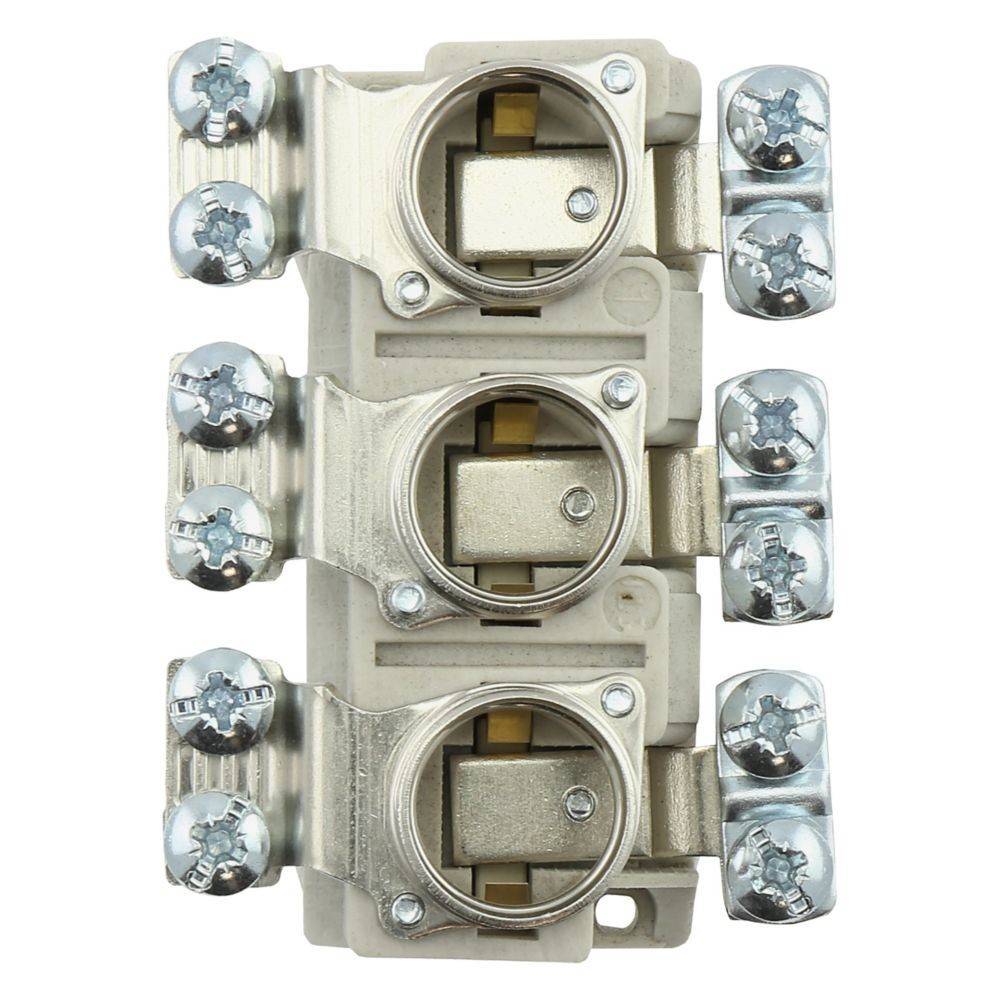 Dreileiter-Lichtschienenstecker mit metallischer Beschichtung, ausgestattet mit drei zylindrischen Steckern und silbernen Schrauben an beiden Seiten.