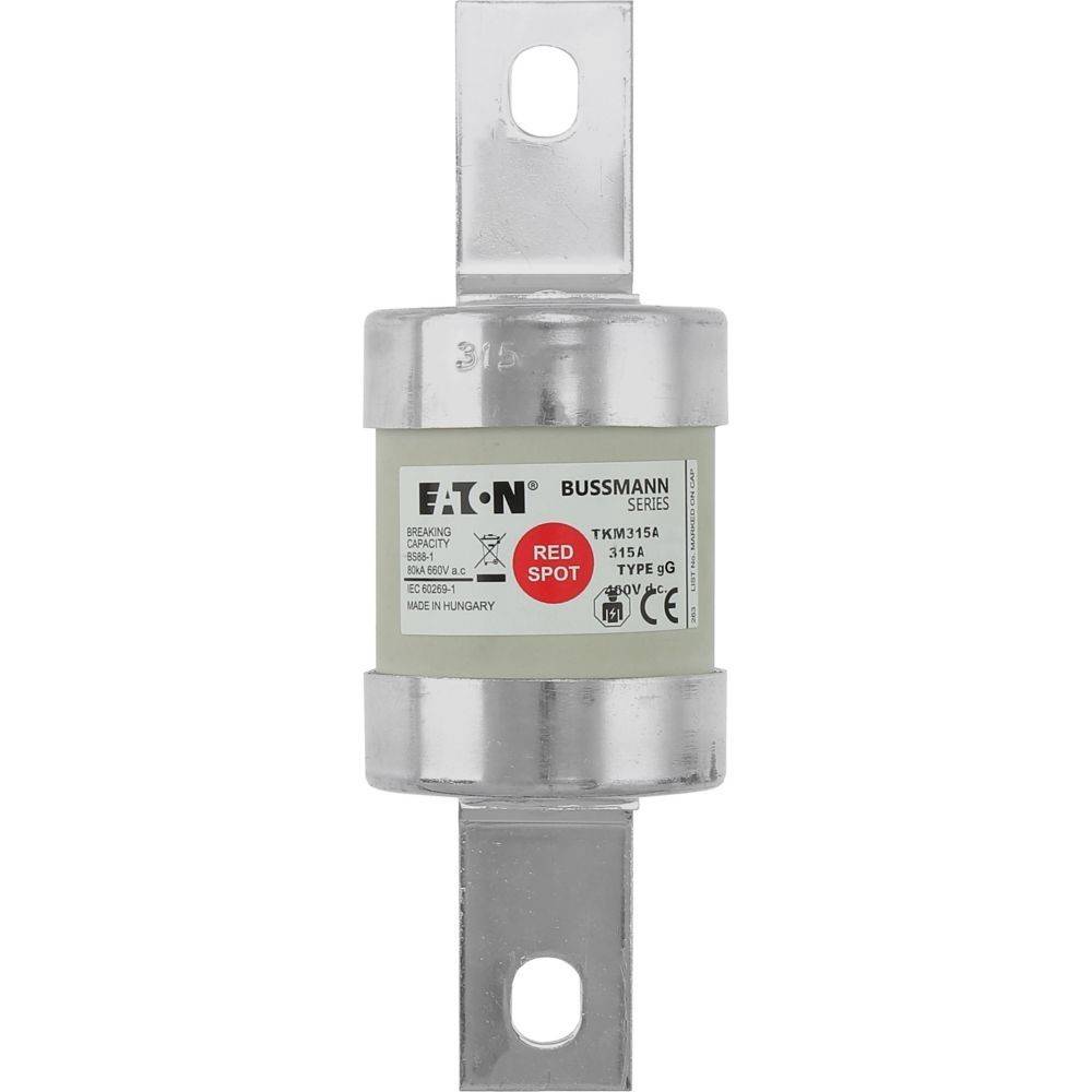 Eine zylindrische Eaton Bussmann Sicherung mit Metallkontakten an beiden Enden, beschriftet mit ‚Typ C, TXM43A, 315A' und ‚Roter Punkt'. Hergestellt in Ungarn.