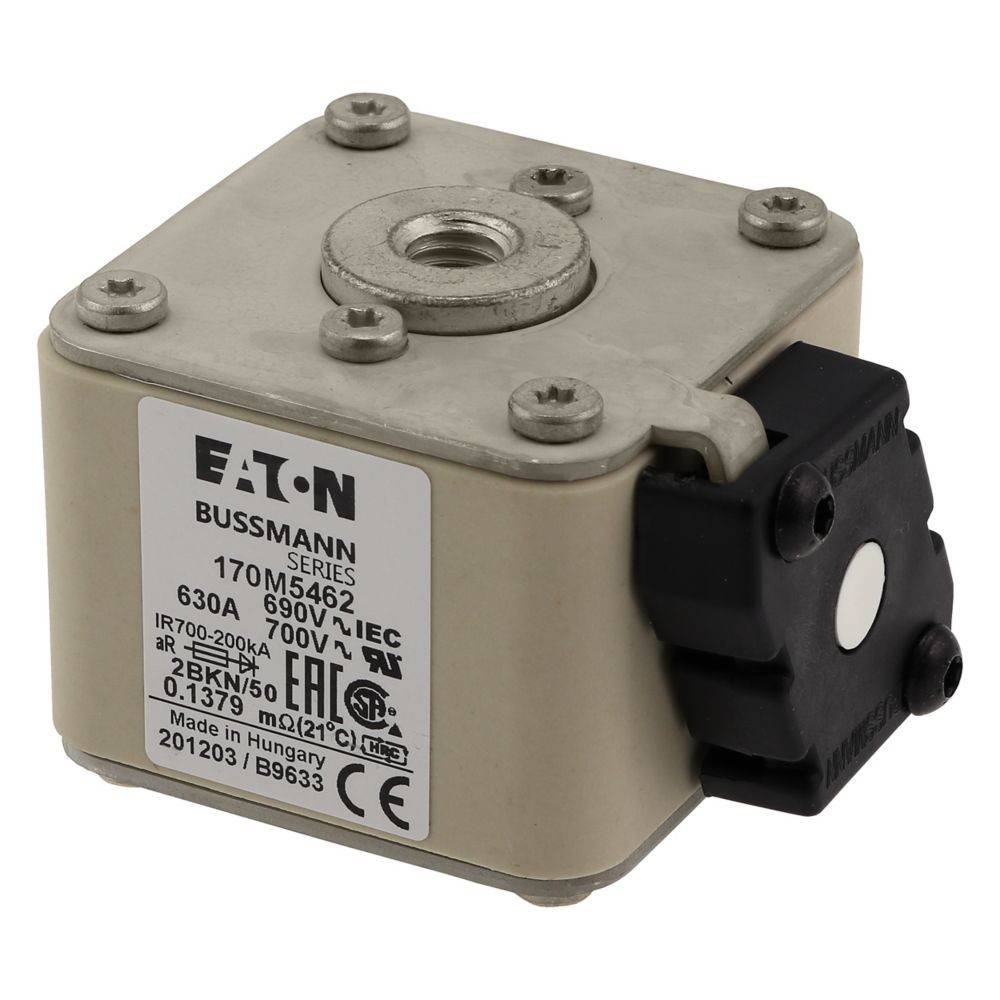 Bussmann-Sicherung der Serie 170M5462 von Eaton, ausgelegt mit 630A, 690V, verwendet für elektrische Anwendungen. Quadratisches Design mit Etikettendetails.