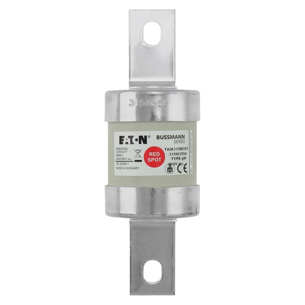 Eaton Bussmann Sicherung der Reihe TKM 1, 315A, mit Metallkontakten an beiden Enden und zylindrischem Gehäuse, mit rotem Punkt zur einfachen Identifikation gekennzeichnet.