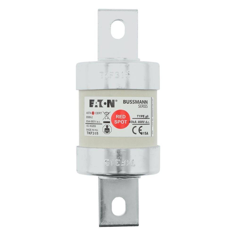 Eine silberne, zylindrische Eaton Bussmann-Sicherung mit Etikettendetails, einschließlich 'redspot' und 'TKF315', ausgelegt für 690V, 50/60Hz.
