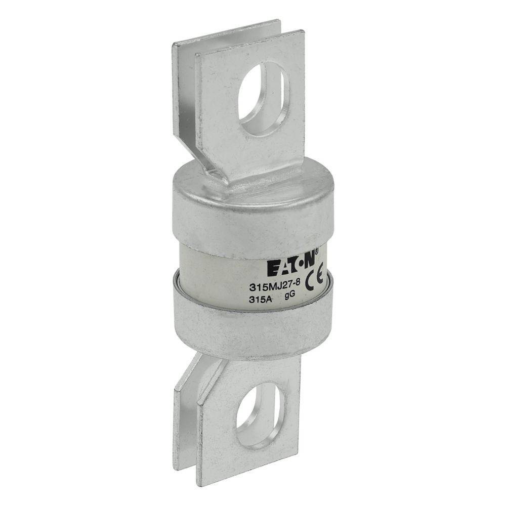 Eaton Sicherung, Modell 315MJ27-8, 315A Bewertung, mit doppelten Befestigungslöchern oben und unten, metallic Oberfläche.