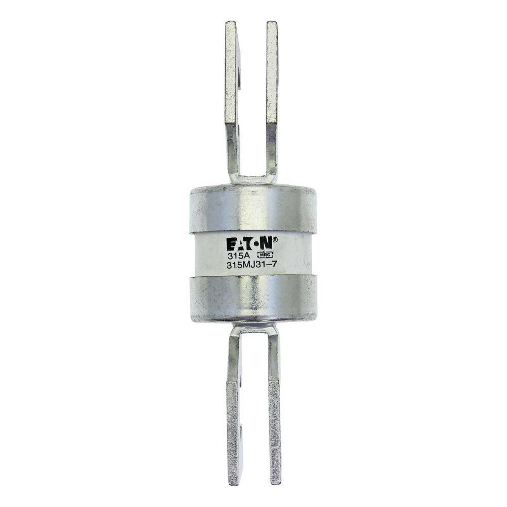 Eine zylindrische elektrische Sicherung mit der Bezeichnung 'Eaton 315A' und metallischen Anschlüssen an beiden Enden, die in elektrischen Schaltkreisen zum Schutz vor Überstrom verwendet wird.