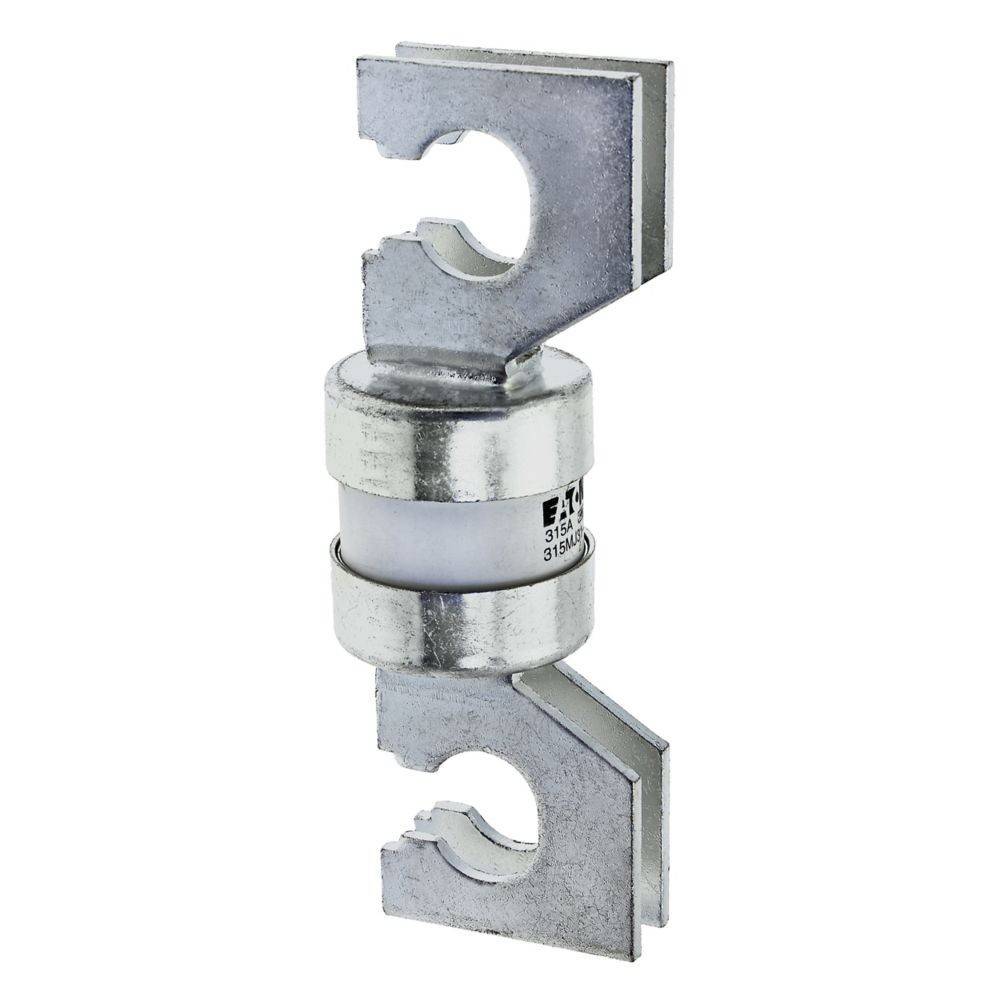Eine zylindrische elektrische Sicherung mit Metallhalterung. Das Gehäuse der Sicherung zeigt Spezifikationen und ein 'Eaton'-Logo.