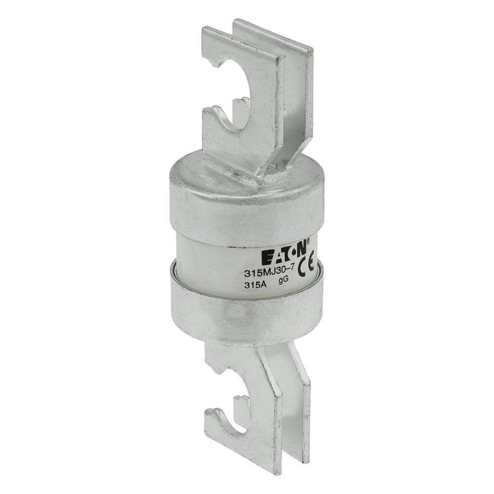 Eine zylindrische silberfarbene elektrische Sicherung mit Metallstiften, beschriftet mit 'Eaton 315M30-7 315A 690V'.