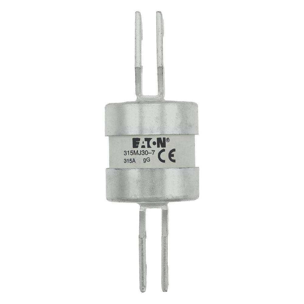 Eine zylindrische, silberfarbene elektrische Sicherung mit vier Metallstiften und der Beschriftung 'Eaton 315MAJ30-T, 315A, 690V, 9g, CE'.
