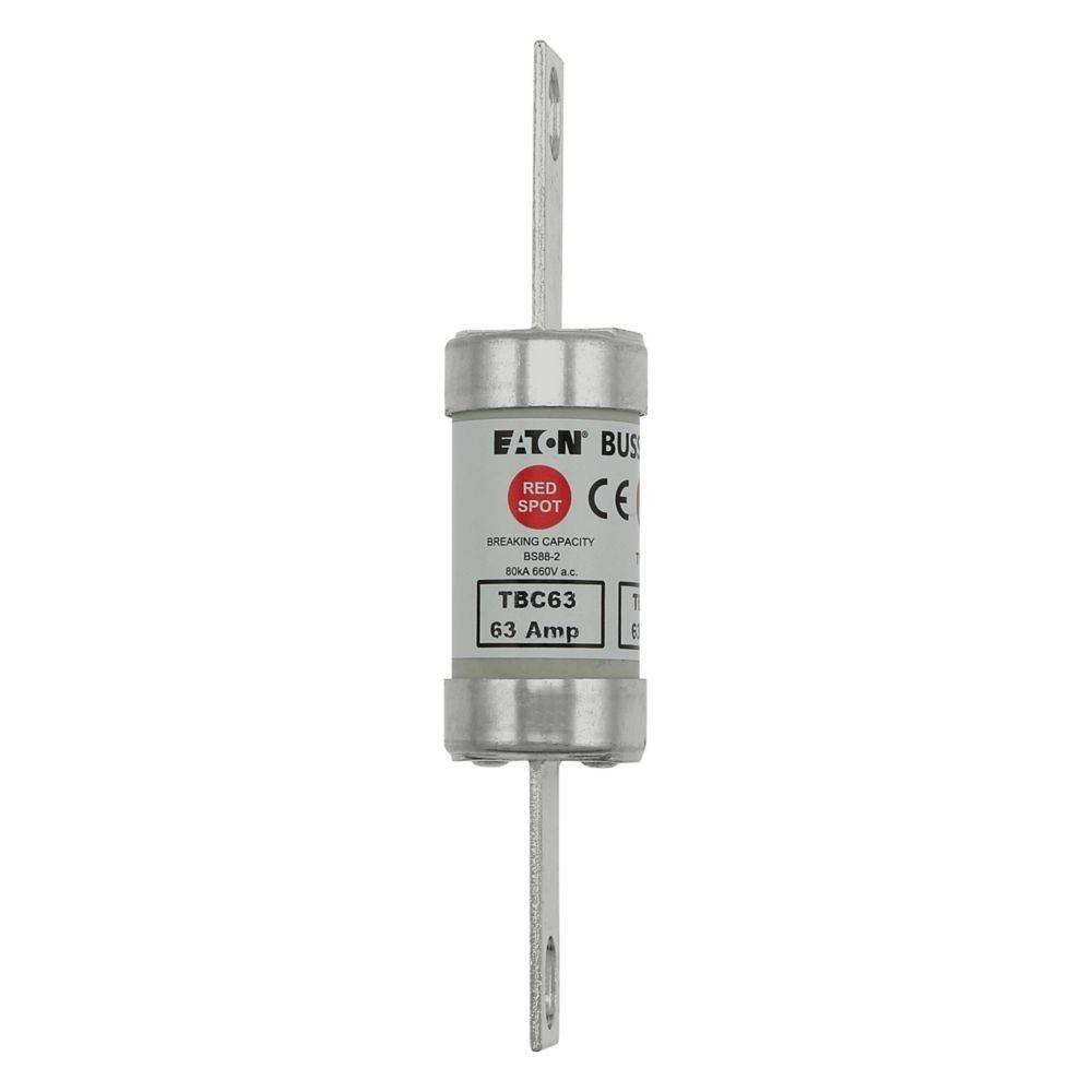 Eine silberne Eaton Bussmann-Sicherung mit 'ROTER PUNKT' Markierung, 63 Ampere Nennstärke, für elektrische Stromkreise konzipiert, mit zwei Metallkontakten.