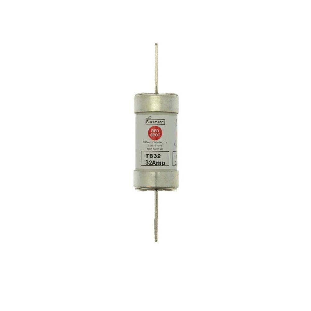 Eine Zylindersicherung mit Metallenden, die mit ‚Bussmann Red Spot' gekennzeichnet und mit ‚T832 32Amp' beschriftet ist, wird vor einem einfarbigen Hintergrund gezeigt.