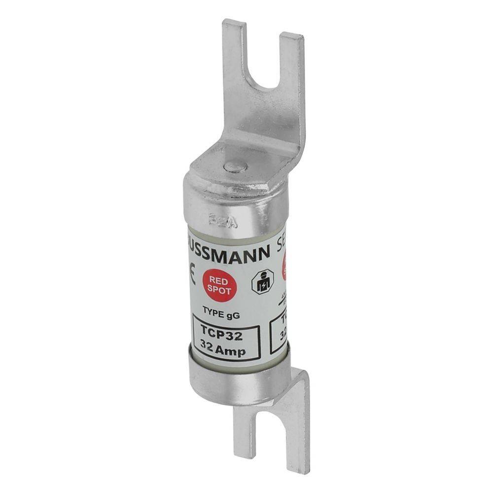 Eine Zylindersicherung mit 32 Ampere, versehen mit Metallstiften und einem roten Etikett, die zum Schutz elektrischer Stromkreise verwendet wird.