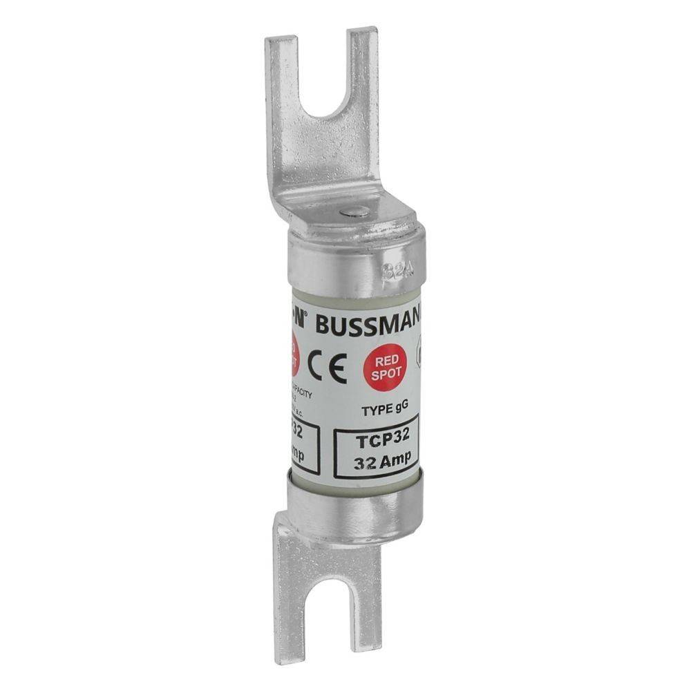 Bussmann Sicherung; TCP32, 32 Ampere, Typ Gg, mit rotem Warnindikator. Zylindrisches Metallgehäuse mit Befestigungshalterungen an beiden Enden.