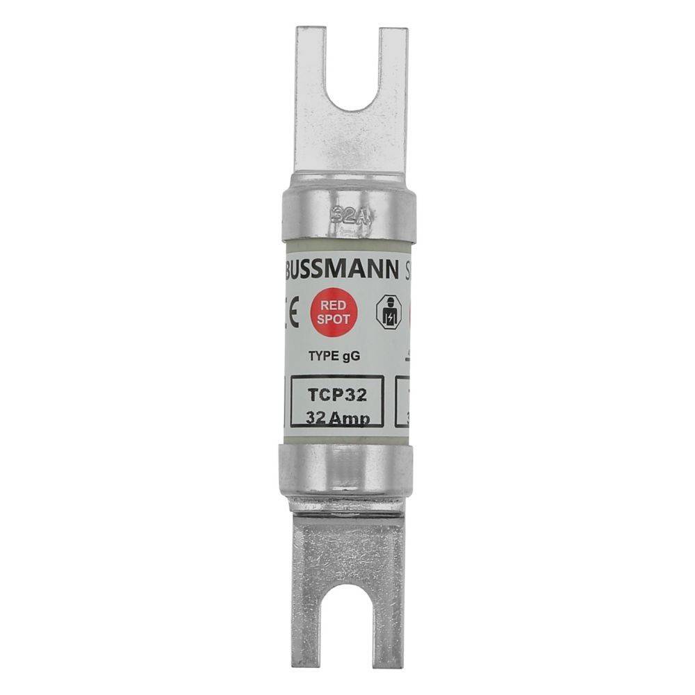 Ein Bussmann-Sicherungseinsatz vom Typ 'gG', mit einer Nennstromstärke von 32 Ampere, gekennzeichnet als 'TCP32', mit einem 'Rot-Punkt'-Indikator.