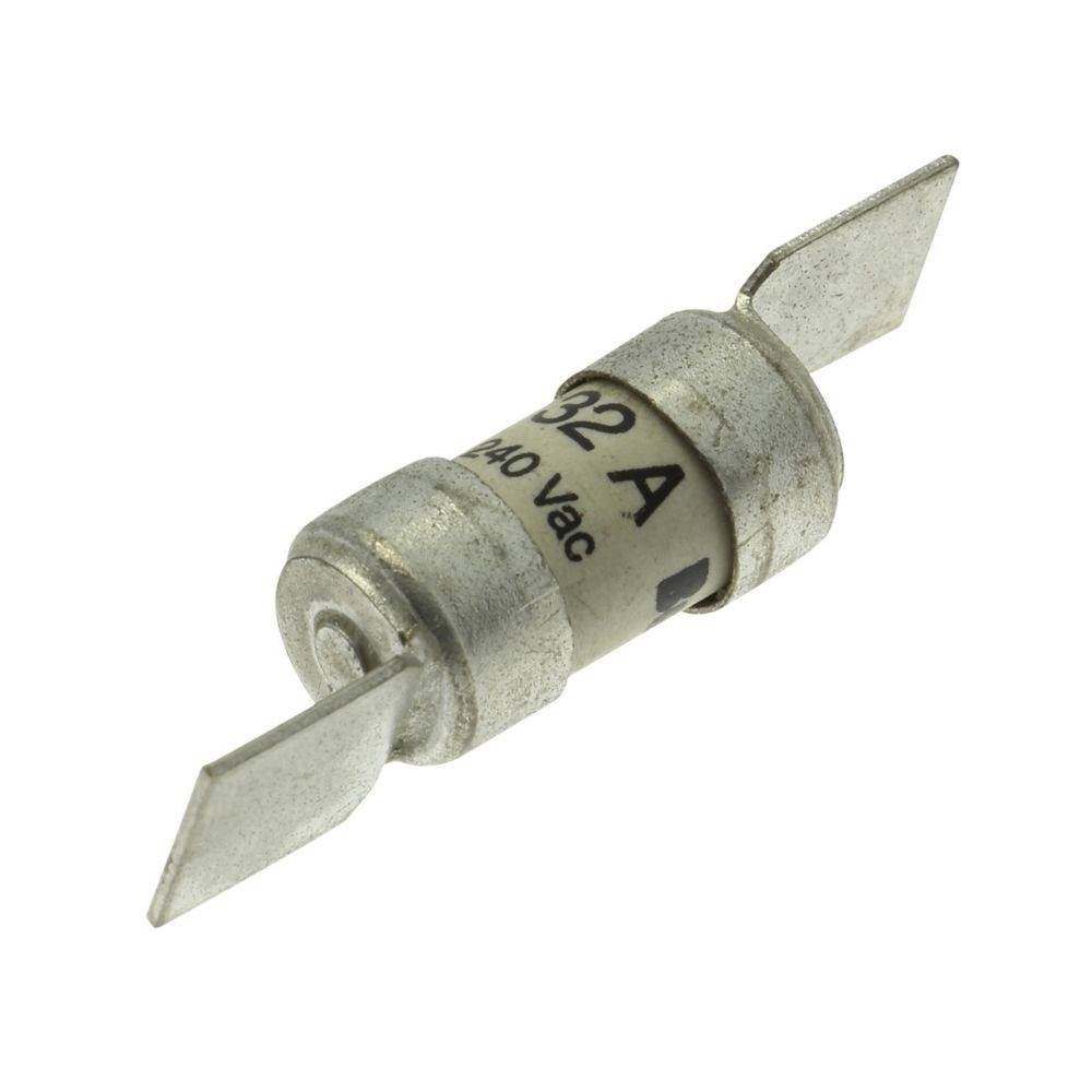 Ein silberner zylindrischer Sicherungseinsatz mit zwei spitzen Metallenden, beschriftet mit 32 A und 240 Vac.
