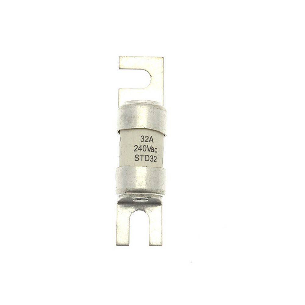 Eine Zylindersicherung mit der Bezeichnung '32A 240Vac STD32', die zum elektrischen Schutz dient und an beiden Enden Metallstecker aufweist.
