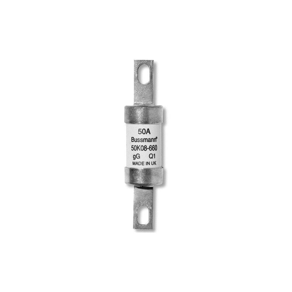 Ein zylindrischer elektrischer Sicherungshalter mit der Beschriftung 'Bussmann 50A, 50KQB-660, gG Q1, Made in UK'; verwendet zur Stromkreisabsicherung.
