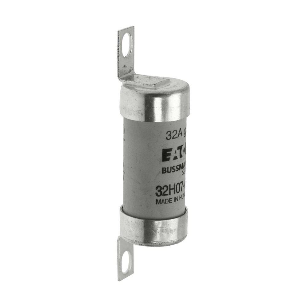 Eine Zylindrische Sicherung mit der Bezeichnung '32A, Eaton Bussmann, 32H07' mit Metallendkappen und Befestigungslaschen, verwendet für den elektrischen Leitungsschutz.
