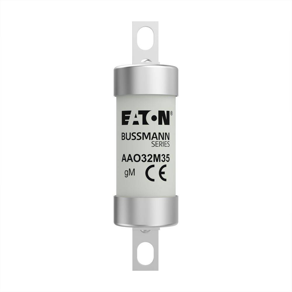 Eine zylindrische elektrische Sicherung mit der Bezeichnung 'Eaton Bussmann Series AAO32M35 gM CE', ausgestattet mit Metallenden für Anschlüsse.
