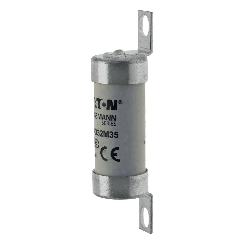 10,3 x 38 gG 32 A EATON 32M35' Zylindersicherung mit Metallendkappen, gekennzeichnet mit Serienname und Sicherheitszertifizierungen, zur elektrischen Schutzausrüstung.