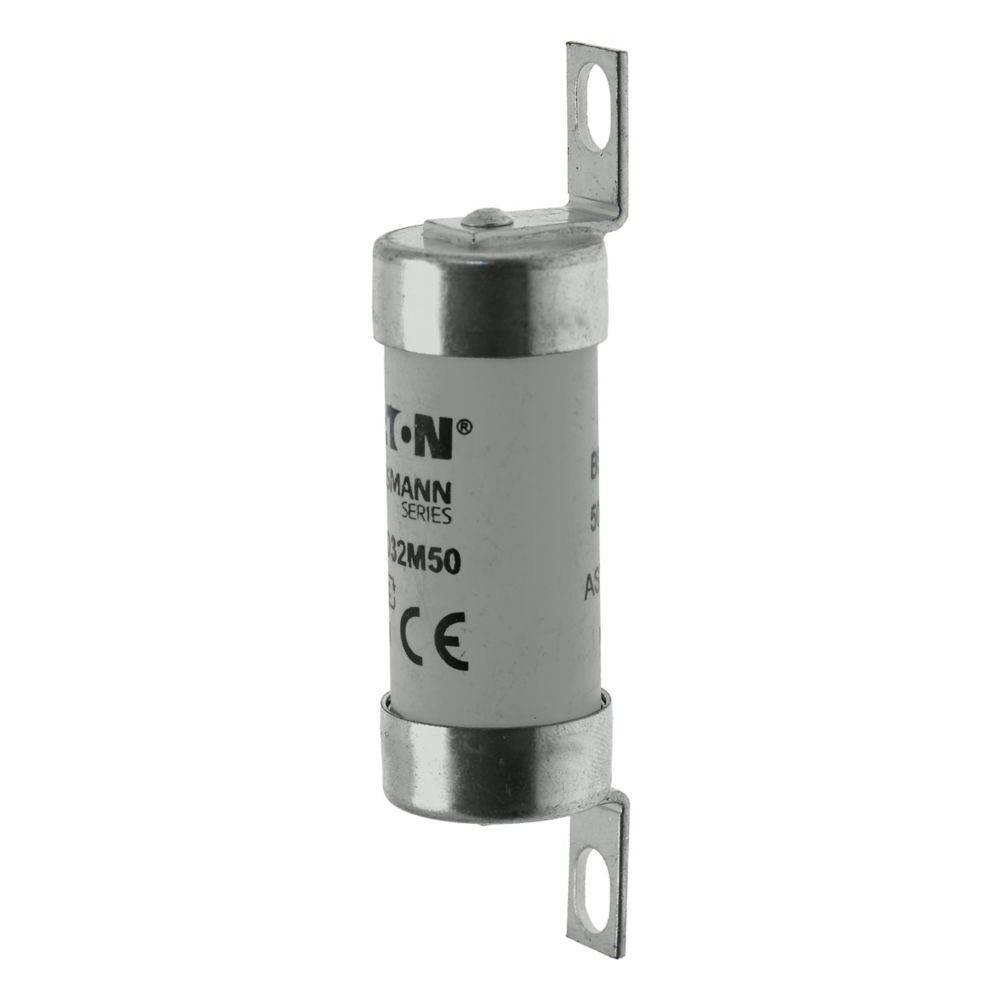 Eine Zylindersicherung mit Metallendkappen und Befestigungsbügeln, mit der Aufschrift 'Eaton', geeignet für elektrischen Leitungsschutz.