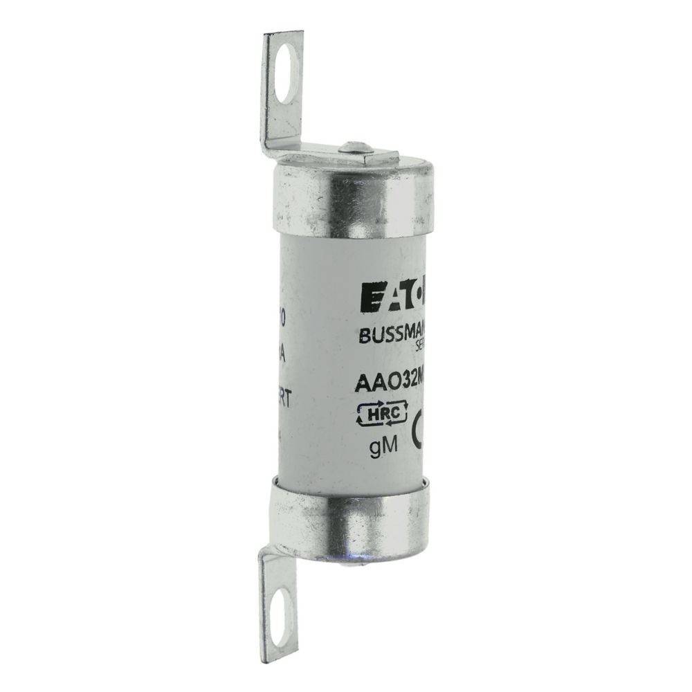 Eaton Bussmann Sicherung der Serie AA032M, zylindrische Form mit Metallkappen und Befestigungsbügeln an jedem Ende, verwendet in elektrischen Schaltkreisen.