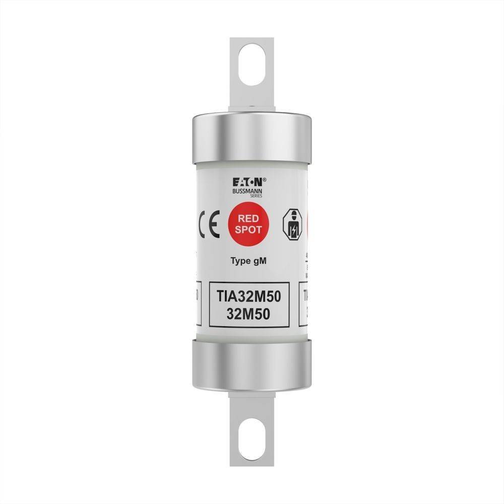 Sicherung mit Bezeichnung 'EATON Bussmann', Typ 'TIA32M50 32M50', mit rotem Warnindikator, weißem Hintergrund. Verwendet für elektrische Sicherheit.