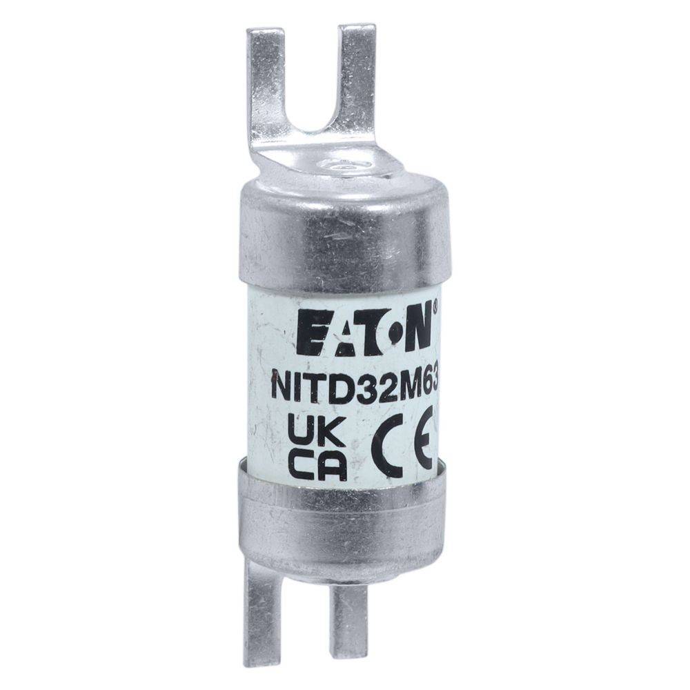 Eaton NITD32M63 Sicherung, zylindrische grau-silberne Gehäuse, beschriftet mit 'UK CA CE', zwei Metallanschlüsse.