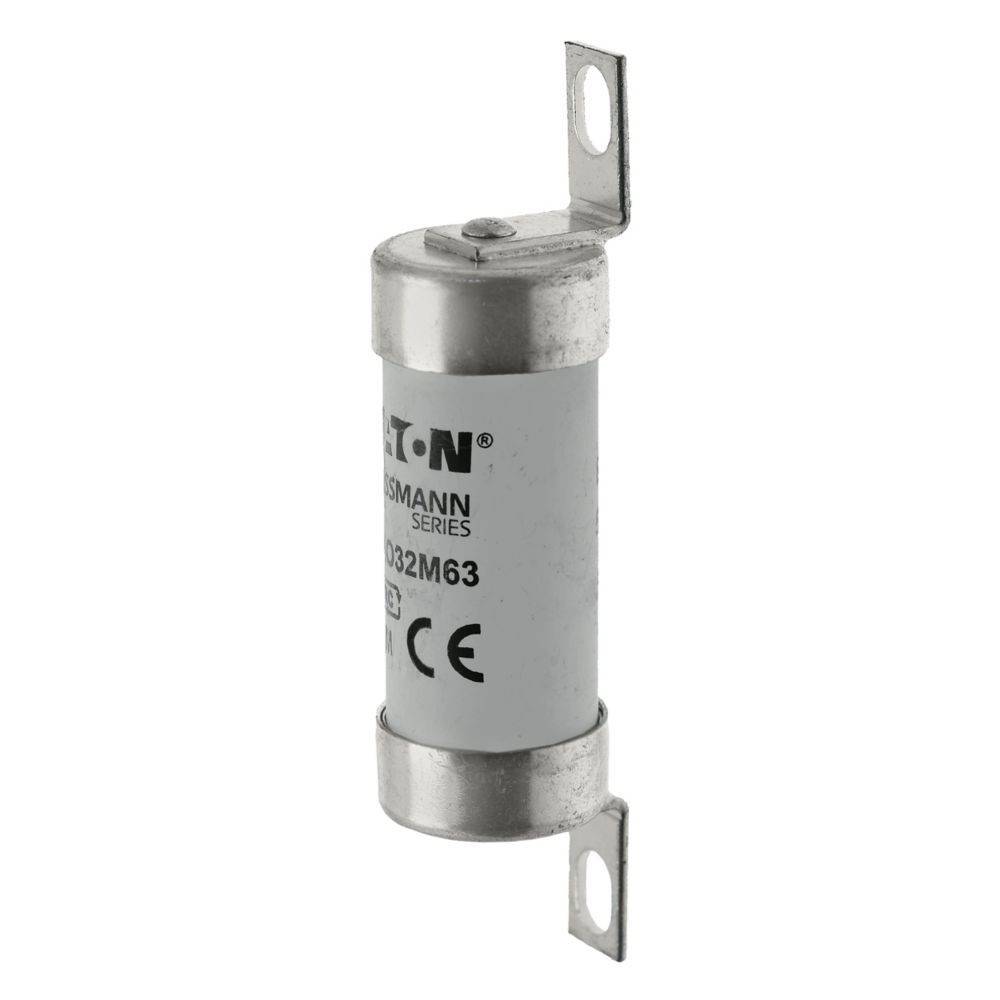 Eine zylindrische elektrische Sicherung mit metallischen Endkappen, beschriftet mit ‚Eaton Bussmann Series'. Sie ist für den Einbau in elektrische Schaltkreise konzipiert.