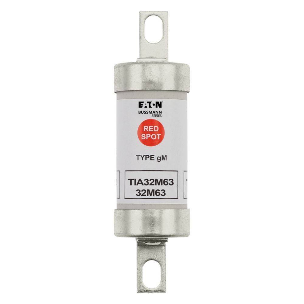 Eaton Bussmann TIA32M63 32M63 Typ gM Rotpunkt-Sicherung, zylindrisch mit Metallklemmen, verwendet zur elektrischen Stromkreisabsicherung.