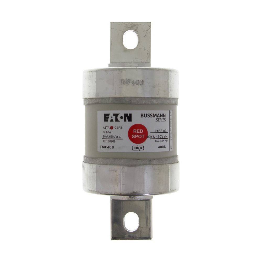 EATON Bussmann Serie' TMF-400, 400A Sicherung zum elektrischen Schutz, zylindrische Form, metallische Kontakte oben und unten.