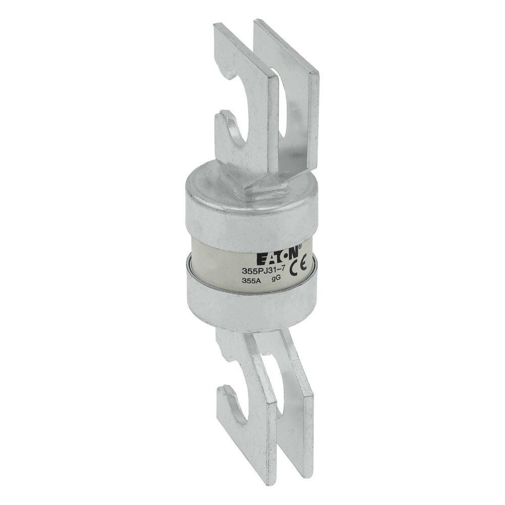 Eine silberne zylindrische Eaton-Sicherung mit einer Nennstärke von 355A, ausgestattet mit einer zentralen weißen Bandbreite mit aufgedruckten Spezifikationen und metallischen Endklammern für Anschlüsse.