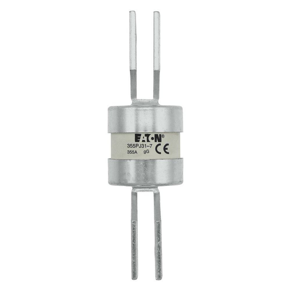 Eine Zylindersicherung mit Metallstiften, gekennzeichnet mit Eaton 355PJ31-C, 35SA, für elektrische Anwendungen, isoliert auf weißem Hintergrund.