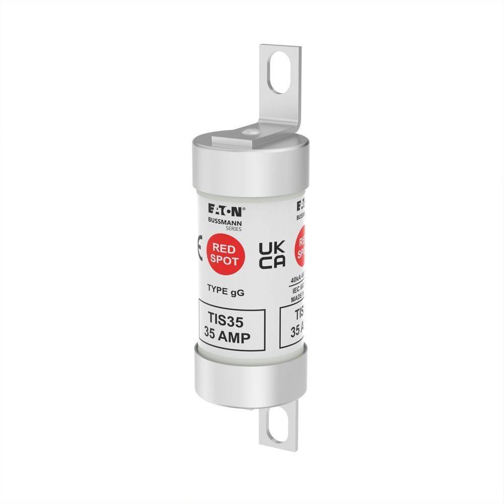 Eine weiße zylindrische elektrische Sicherung mit der Beschriftung 'TIS35 35 AMP' und einem 'Roter Punkt' Logo, die für den Schutz von elektrischen Stromkreisen konzipiert ist.