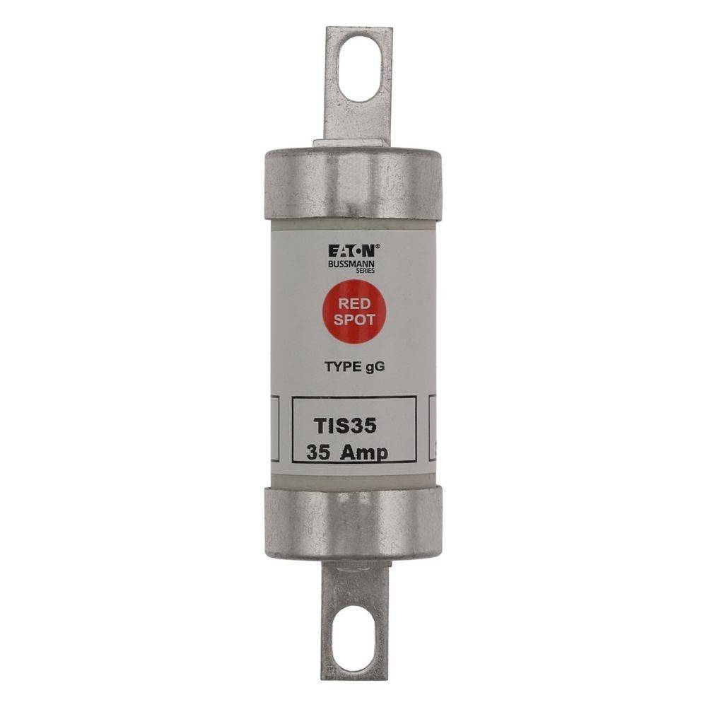 Eine Zylindersicherung mit der Beschriftung 'Eaton Bussmann', 'RED SPOT', 'TYPE gG', 'TIS35', '35 Amp', mit Metallkontakten an beiden Enden und einem weißen Gehäuse.