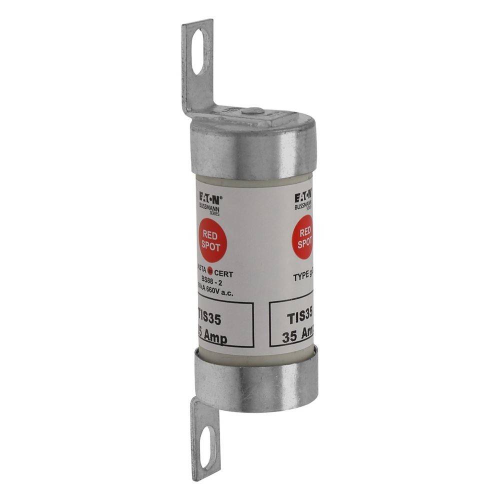 Eine zylindrische 35-Ampere-Sicherung mit Metallkappen an beiden Enden, mit der Aufschrift 