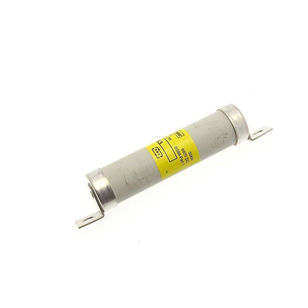 Eine Zylindersicherung mit Metallenden und einem gelben Etikett mit der Aufschrift 'NH-Sicherung, 500V, 160A', die zum Schutz elektrischer Stromkreise verwendet wird.