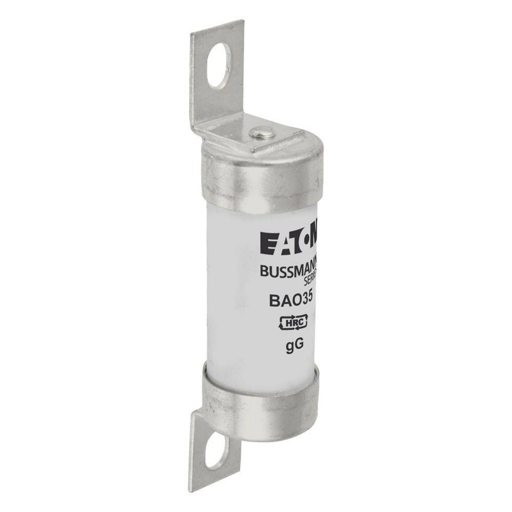 Ein zylindrischer Eaton Bussmann Sicherungseinsatz mit der beschrifteten Teilenummer 'BA035'. Metallische Enden mit Befestigungsbügeln sind an beiden Seiten angebracht.