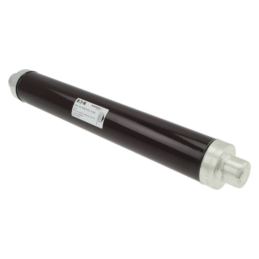 Eine schwarze zylindrische elektrische Komponente mit einem Metalldeckel an jedem Ende, mit der Bezeichnung 'Eaton', höchstwahrscheinlich eine Sicherung oder ein ähnliches Gerät.