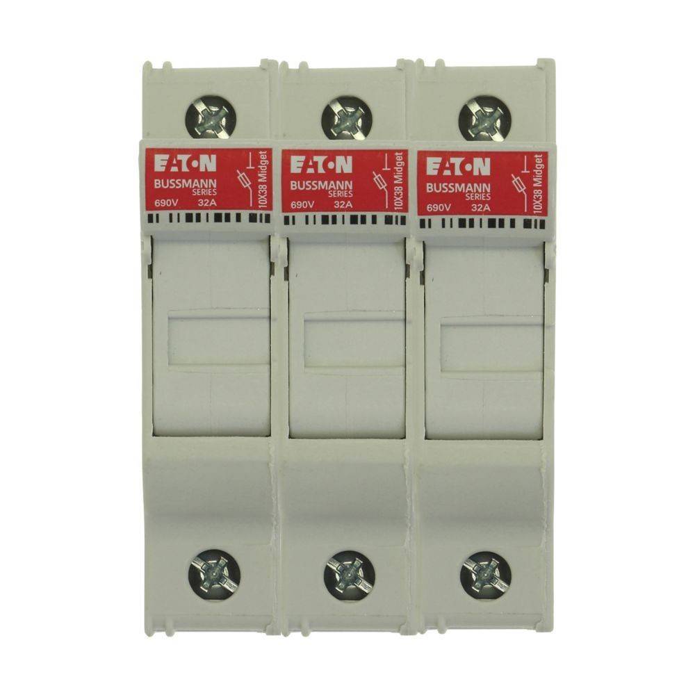 Ein 3-poliger Eaton Bussmann Sicherungshalter, gekennzeichnet mit 32A, 690V.