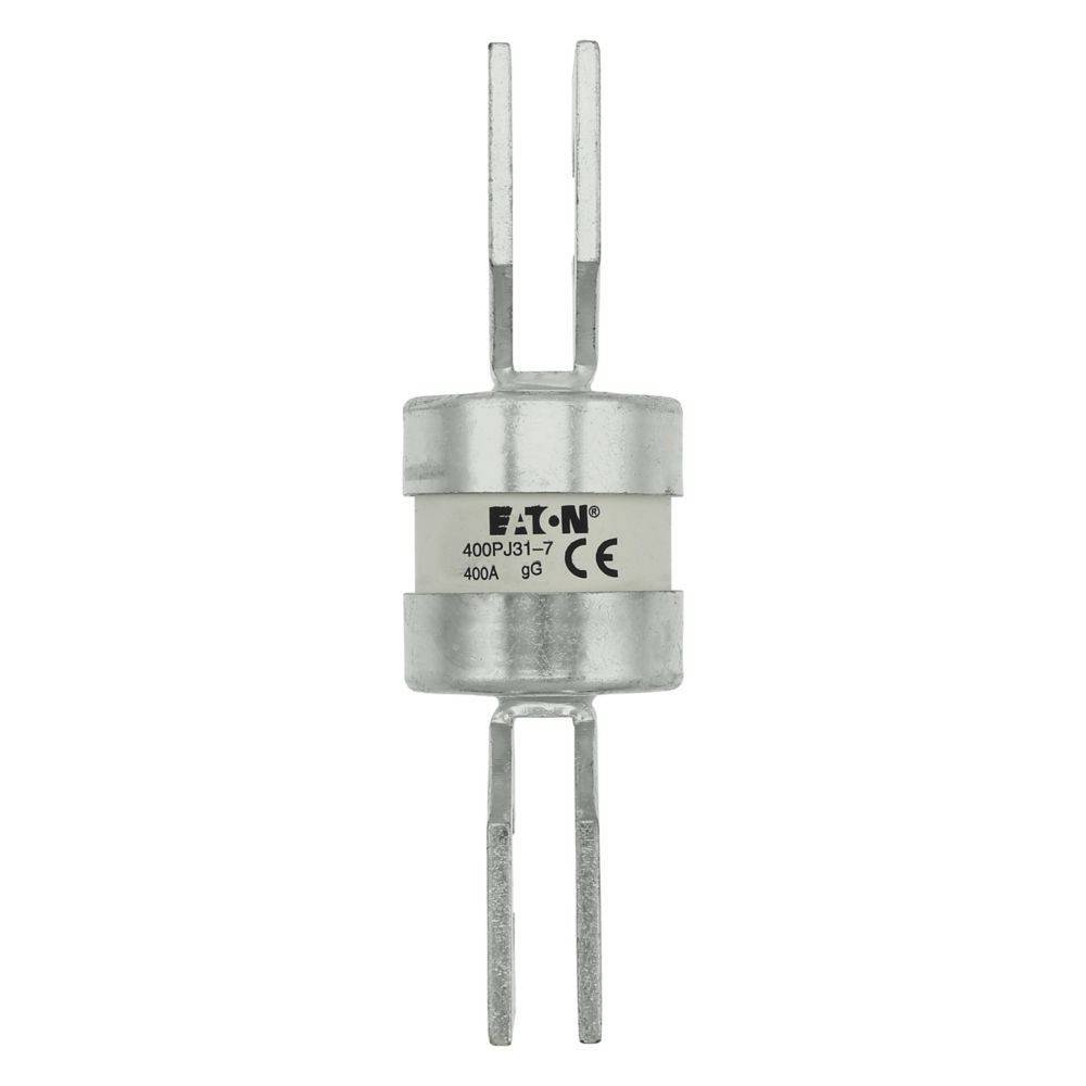 Eine zylindrische Metallsicherung mit zwei Kontaktstiften an jedem Ende, beschriftet mit 'EATON 400P-31 400A'.
